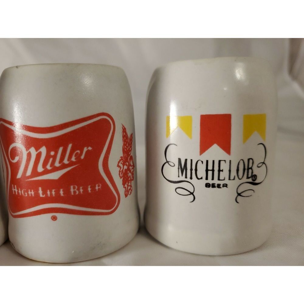 Beer Mugs Shot Glasses Lot of 4 Barware Budweiser Miller Strohs Michelob Mancave - Picture 5 of 12